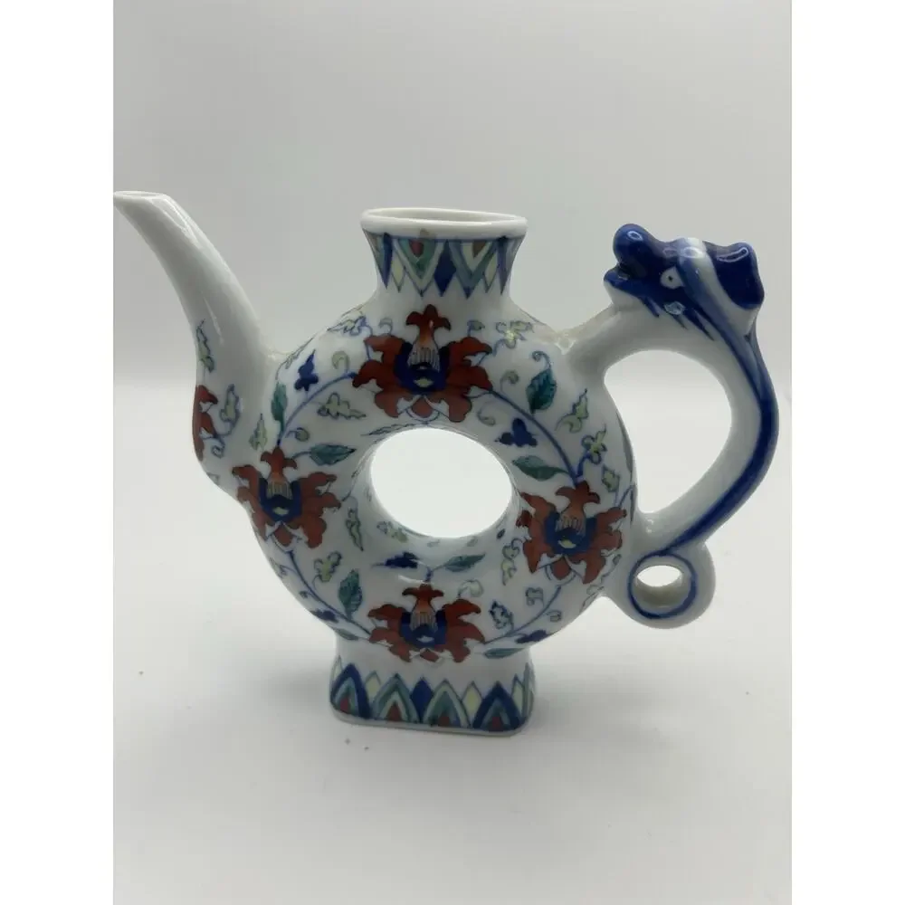 Lovely Vintage Chinese Blue White Porcelain Donut-Shaped Teapot.